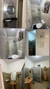 a collage of four pictures of a bathroom at Cantinho Aconchegante - Quarto com Ar-cond 1 in Bayeux