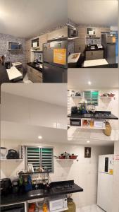a collage of four pictures of a kitchen at Cantinho Aconchegante - Quarto com Ar-cond 1 in Bayeux
