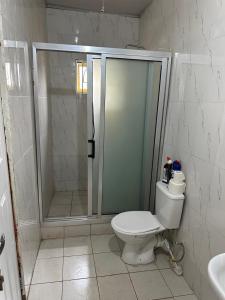 a white bathroom with a shower and a toilet at Rashlie apartment in Freetown +21 photos