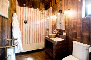 a bathroom with a shower and a sink and a toilet at Clover in Wrenbury