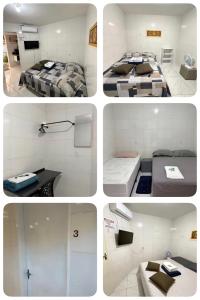 a collage of four pictures of a bedroom at Cantinho Aconchegante - Quarto com Ar-cond 2 in Bayeux