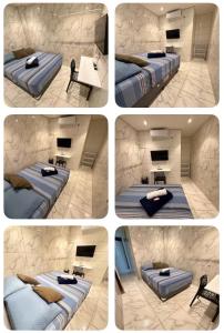 a group of four pictures of a bedroom with beds at Cantinho Aconchegante - Quarto com Ar-cond 4 in Bayeux +5 photos