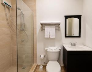 a bathroom with a shower and a toilet and a sink at Ladybugs Apartments in Palm-Eagle Beach +30 photos
