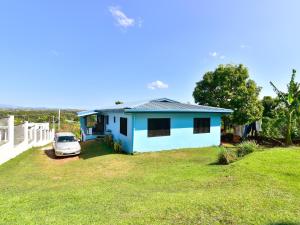 a blue house with a car parked in a yard at Save's Homestay in Nadi