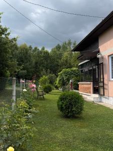 a yard with a bench in front of a building at VillaH Weekend House in Visoko