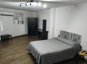 a bedroom with a bed and a desk in it at Casita Verde in Mazatlán