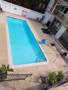 an overhead view of a large blue swimming pool at San Luis Inn and Suites in San Luis Obispo