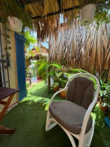 a wicker chair sitting in a yard with plants at Valle Encantado in Pantoja
