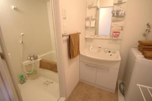 a small bathroom with a shower and a sink at オンブラージュ704号室-無料駐車場付き-繁華街まで徒歩圏内-南向きで明るいワンルーム in Kumamoto +12 photos