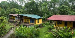 a yellow house with a red roof in a forest at Heliconia Island Lodge in Puerto Viejo