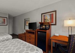 a hotel room with a bed and a desk with a television at Park Inn by Radisson, Detroit Metro Airport in Romulus
