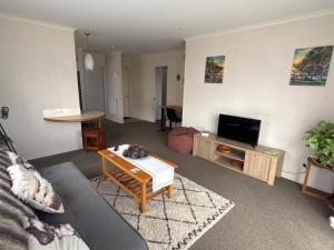 a living room with a couch and a tv at Sunsets over Unsworth in Auckland