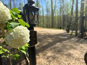 a lamp post with white flowers on it at Little Bear Tiny Cabin in Cosby