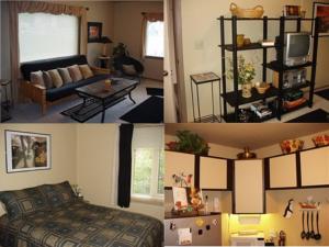 4 fotos diferentes de una sala de estar y un dormitorio en Summit View Lodge, en Seward