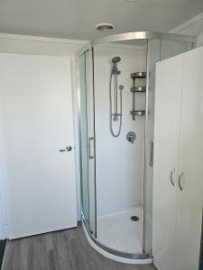 a shower with a glass door in a bathroom at Rolling Hills Cottage in Tauwhare +16 photos