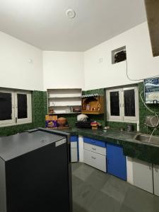 a kitchen with green and white walls and counters at Ajay Niwas in Udaipur
