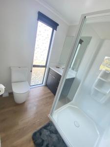 a bathroom with a toilet and a sink and a mirror at Springhill at The Beach in Karikari Peninsula +29 photos
