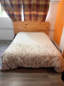 a bed with a comforter on it in a bedroom at Surrey central house in Surrey