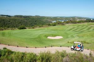 a golf course with a golf cart on a green at Hippo House in Knysna