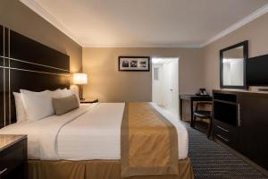 a hotel room with a large bed and a desk at The Boards AC in Atlantic City