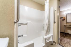 a bathroom with a shower and a toilet at Comfort Inn Festus-St Louis South in Festus +35 photos