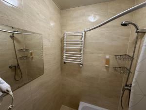 a bathroom with a shower with a glass door at Шале На бе́резі in Kvasy