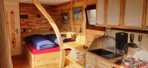 a tiny house with a bunk bed in a kitchen at Alte Stellmacherei in Nieder Neundorf