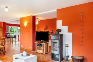 a living room with orange walls and a flat screen tv at Cattle Barn - leben auf dem Hof in Tröndel