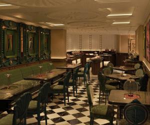 a restaurant with tables and chairs and a checkered floor at Hôtel Le Joyau Bleu Hanoï in Hanoi