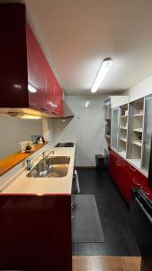 a kitchen with red cabinets and a sink at さくらやゲストハウス in Tokushima