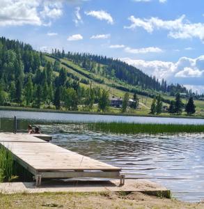 two people sitting on a dock on a lake at Honkaranta Cottage in Jämsä