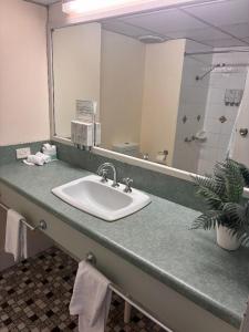 a bathroom with a sink and a large mirror at Emerald Central Hotel in Emerald
