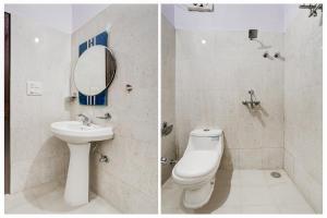 two pictures of a bathroom with a toilet and a sink at Super Collection O Sindhi Camp Formerly Hotel Abhinandan Inn in Jaipur