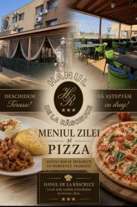 a flyer for a restaurant with two plates of pizza at Hotel Hanul de la Rascruce in Arad
