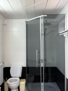 a bathroom with a toilet and a glass shower at Erkaiym Guest house in Bokonbayevo