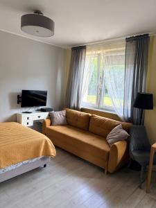 a living room with a couch and a window at Apartament COMFORT Centrum in Krotoszyn
