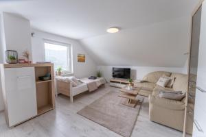 a living room with a couch and a tv at Apartments Saint Thomas in Selca