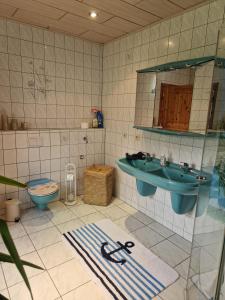 a bathroom with a blue sink and a toilet at Hennickes Fewo in Friedrichshof +2 photos