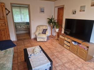 a living room with a flat screen tv and a chair at Hennickes Fewo in Friedrichshof
