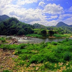 a river with green grass and mountains in the background at VRK Adventure Basecamp Sri Lanka in Kitulgala