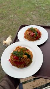 two plates of food on a tray on a table at Yurt Camp by Fly Service in Song-Kul