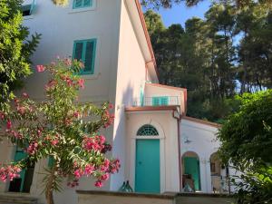 a building with a green door and pink flowers at Les Chandelles in San Menaio