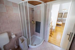 a bathroom with a shower with a glass door at Holiday Home Katja in Srpenica +19 photos