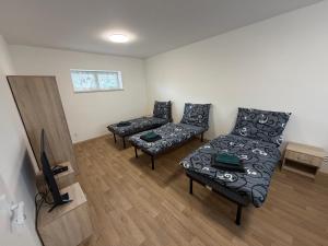 a living room with a couch and a tv at Apartmány U Praisů in Františkovy Lázně