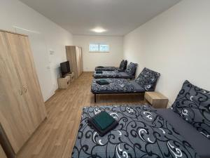 a living room with a bed and a couch at Apartmány U Praisů in Františkovy Lázně