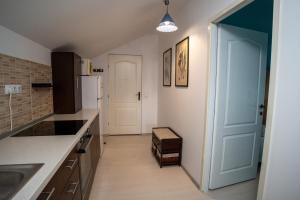 a kitchen with a blue door and a white refrigerator at Barrique 24-4 - Breakfast delivered & Minibar - Free Parking -Officially classified guesthouse in Braşov +59 photos