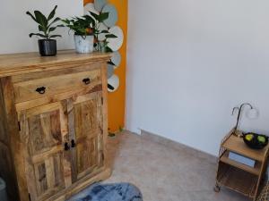 a wooden cabinet with two potted plants on top of it at Apartmán pod hradom B in Trenčín