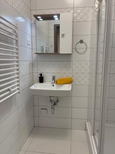 a white bathroom with a sink and a shower at Seaforth Apartment in Siófok +31 photos