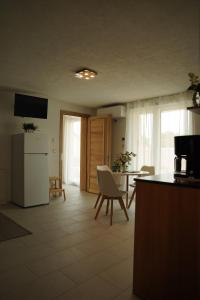 a kitchen with a refrigerator and a table with chairs at FeWo Reutlingen Ganghoferstr in Reutlingen