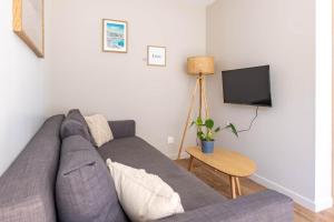 a living room with a gray couch and a tv at L'Écume - Cocon breton avec terrasse in Saint-Avé
